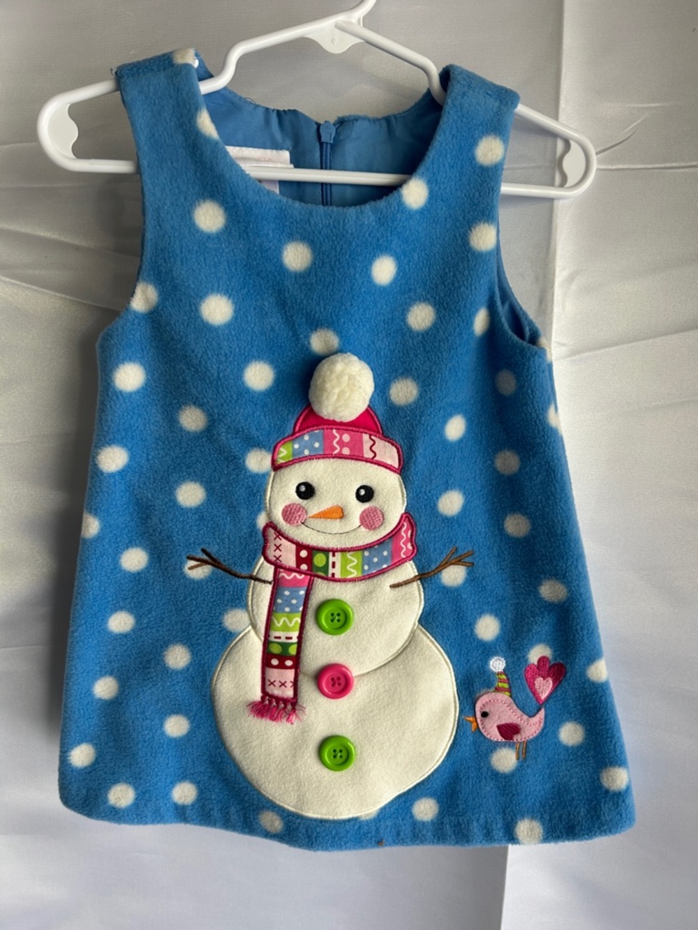 Bonnie Jean Christmas Jumper Snowman Blue Polka Dot Fleece Dress | Size 18 mos